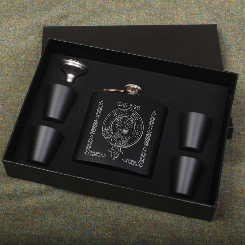 Byres Clan Crest Engraved 6oz Matt Black Hip Flask Gift Set with Cups and Funnel