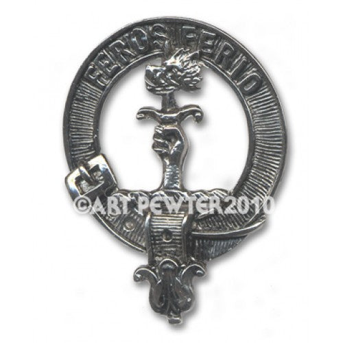 Chisholm Clan Crest Badge in Pewter showcasing the iconic belted design. A 40mm palladium coated pewter badge perfect for clan gatherings and personal display.