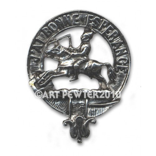 Craig Clan Crest Badge in Pewter showcasing the detailed belted design, perfect for wearing as a cap badge or large brooch.