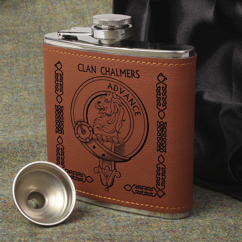 Chalmers Clan Crest PU Leather Covered Hip Flask