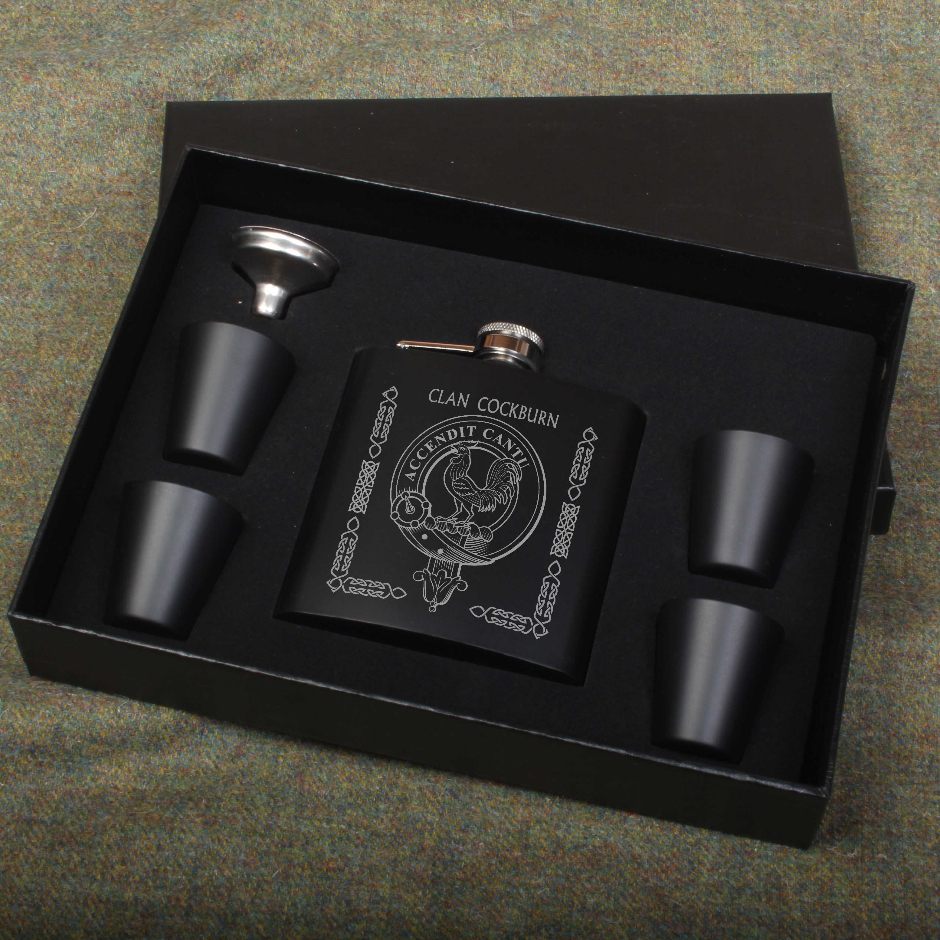 Cockburn Clan Crest Engraved 6oz Matt Black Hip Flask Gift Set with Cups and Funnel