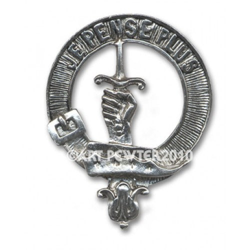 Erskine Clan Crest Badge in Pewter, showcasing a high-quality design with a traditional belted crest, perfect for cap or brooch wear to display clan pride.