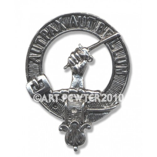 Gunn Clan Crest Badge in Pewter, a high-quality 40mm cap badge or brooch pin, showcasing clan pride with a traditional belted design.