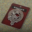 Detailed view of the Wallace Clan Crest Badge in Pewter, featuring a strong locking safety pin design for lasting durability.