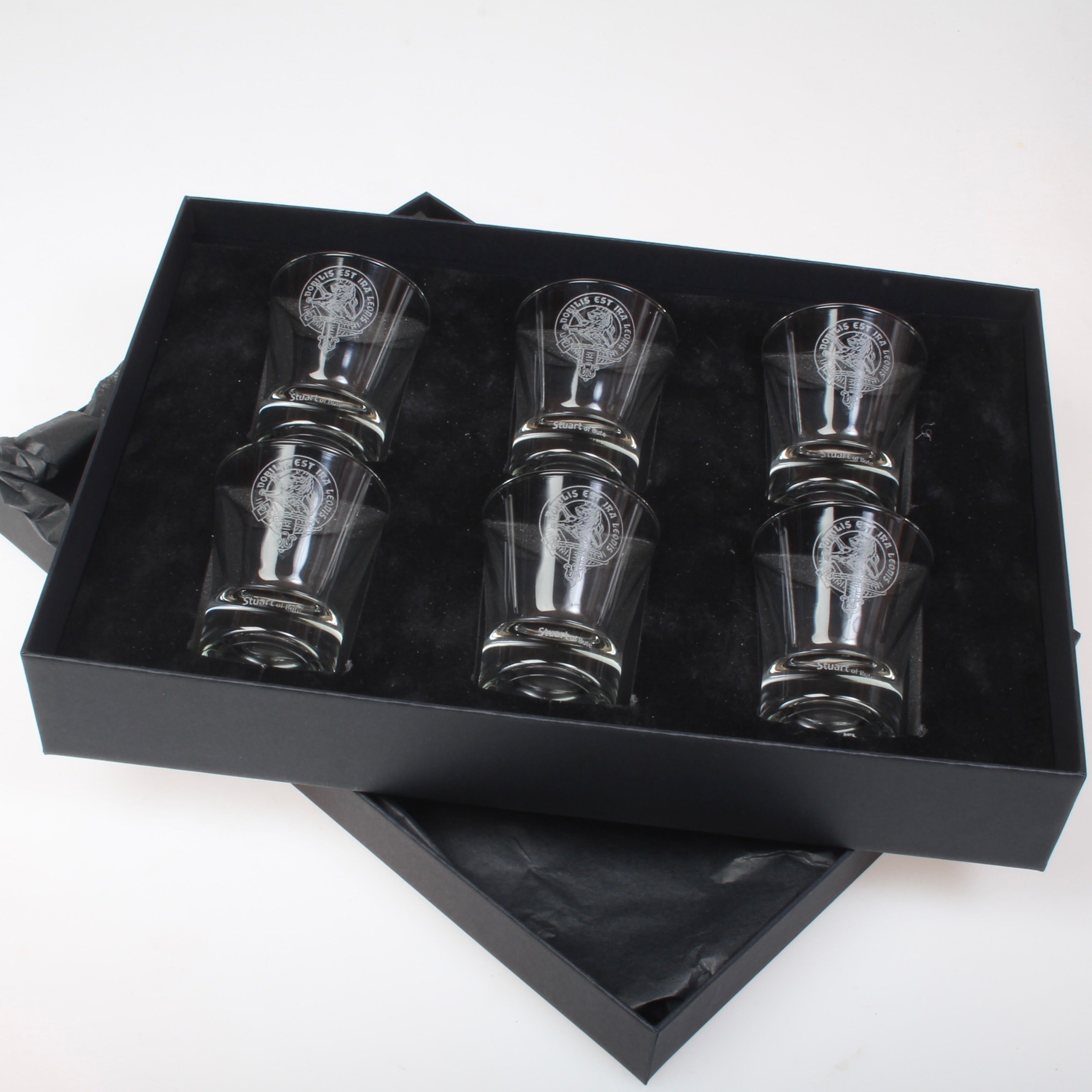 Clan Crest Dram Glass Set of 6 with Stuart of Bute Crest