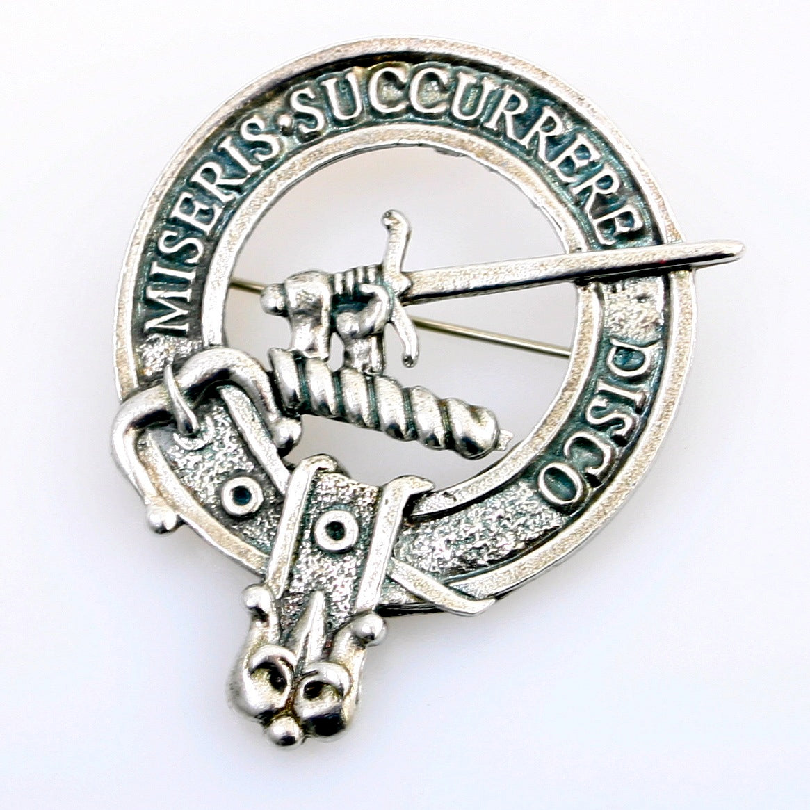 MacMillan Clan Crest Badge in Pewter showcasing traditional design and craftsmanship, perfect for wearing at clan gatherings or as a stylish brooch.