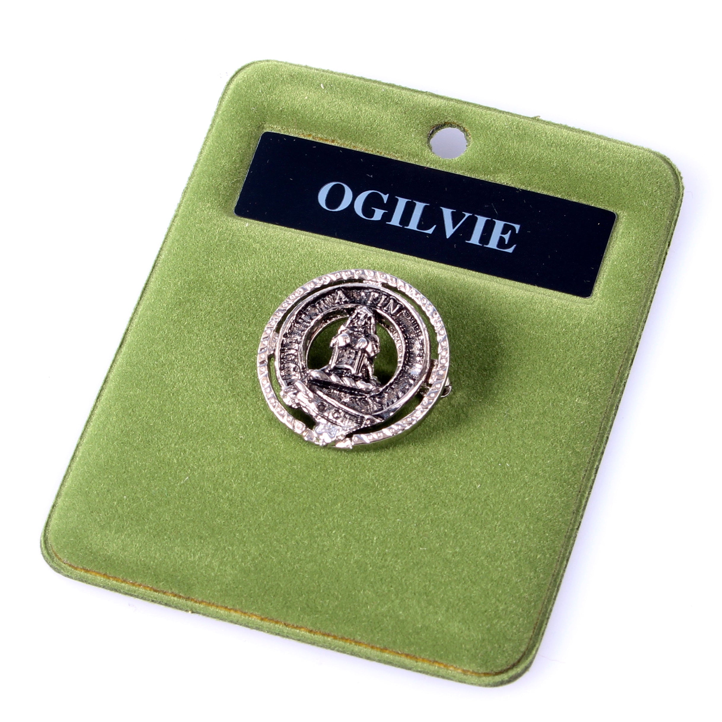 Ogilvie Clan Crest Small Pewter Pin Badge showcasing Scottish heritage in a stylish design with antique palladium finish.
