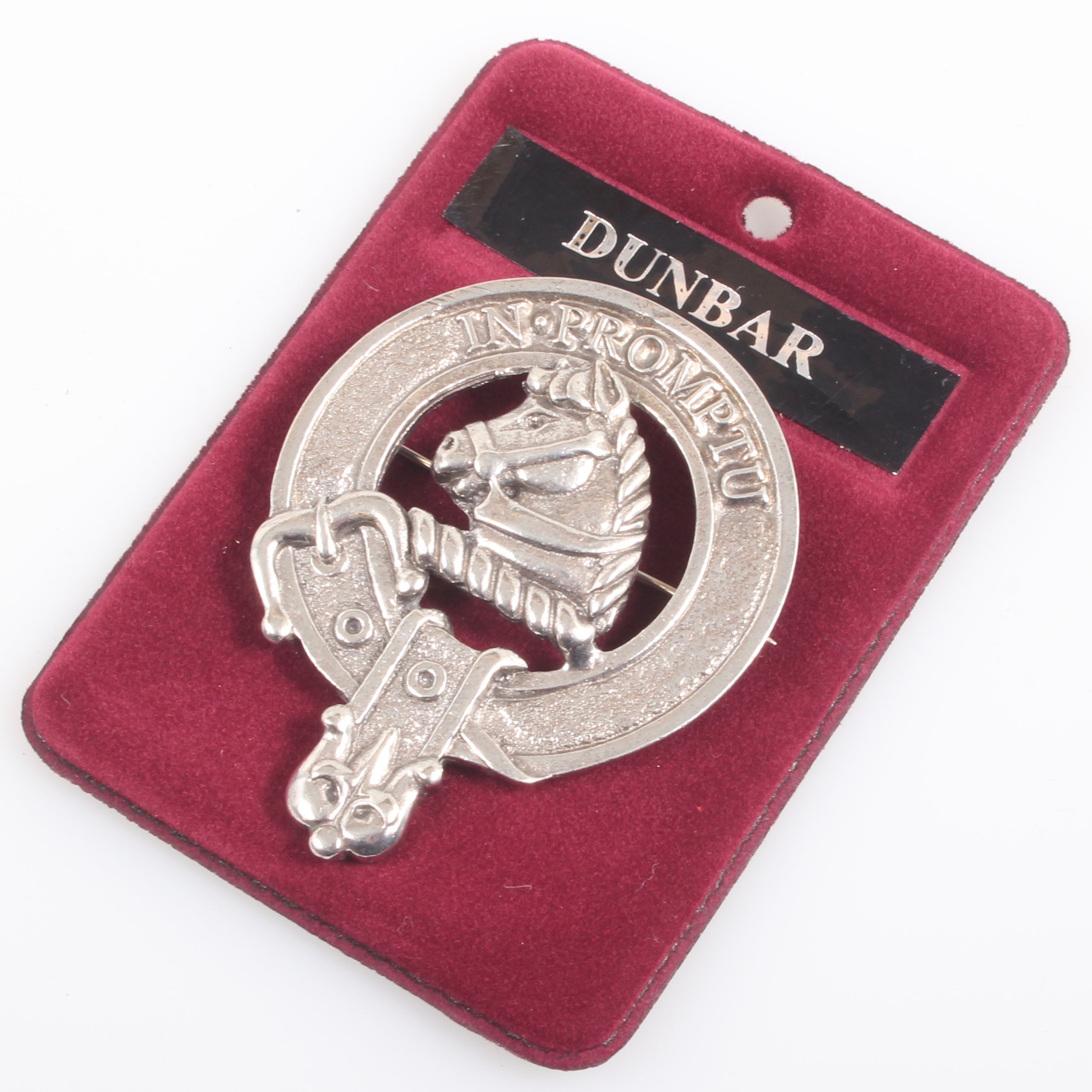 Dunbar Clan Crest Badge in Pewter, showcasing the traditional design representing clan pride, perfect for wear at gatherings or as a brooch.
