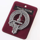 MacAlister Clan Crest Badge in Pewter, featuring a traditional belted design, ideal for wear at clan gatherings or as a stylish brooch pin.
