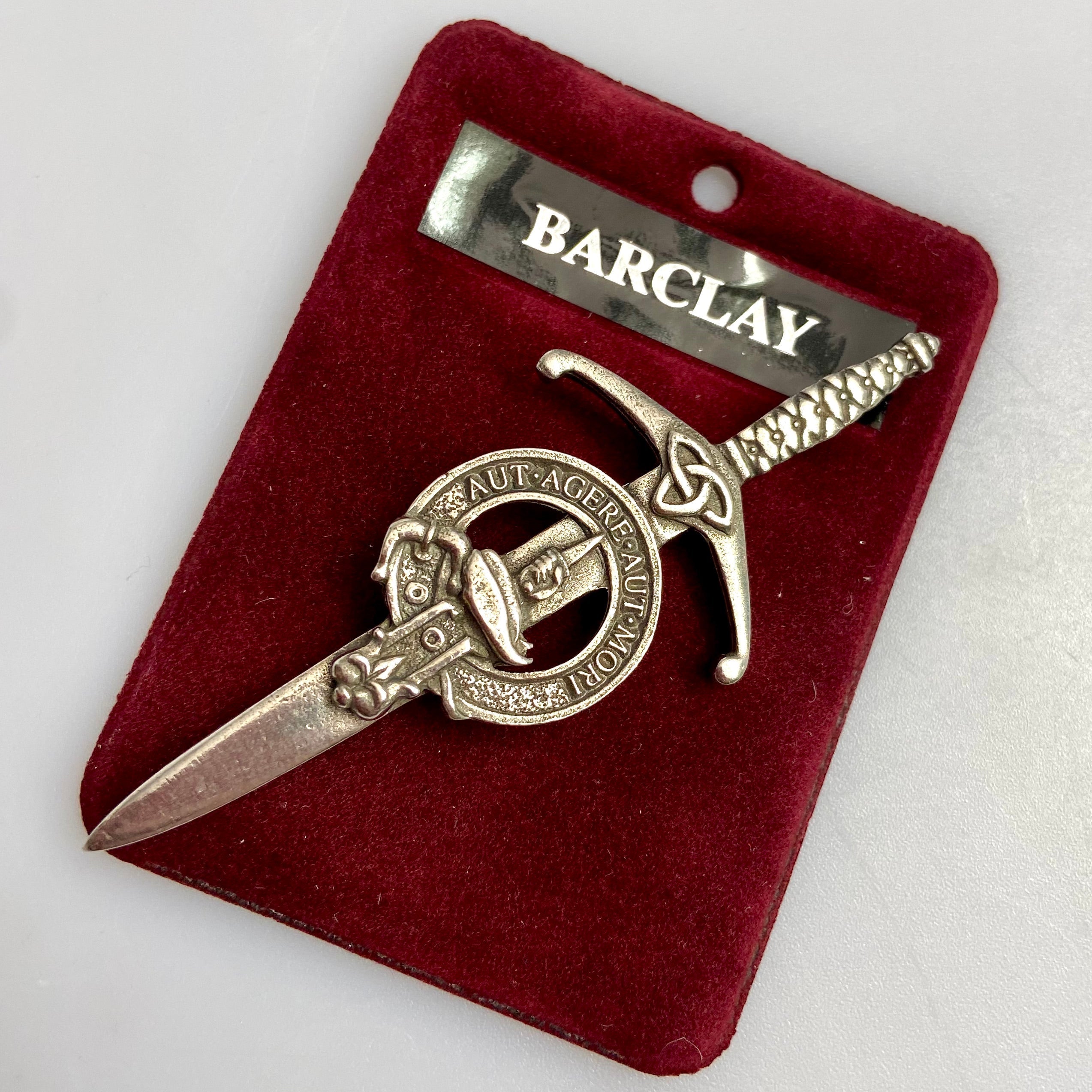 Clan Crest Pewter Kilt Pin with Barclay Crest showcasing its antique palladium finish and intricate design, perfect for any traditional Scottish outfit.