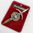 Clan Crest Pewter Kilt Pin featuring the MacLaren Crest, showcasing a traditional Scottish design with an antique palladium finish.