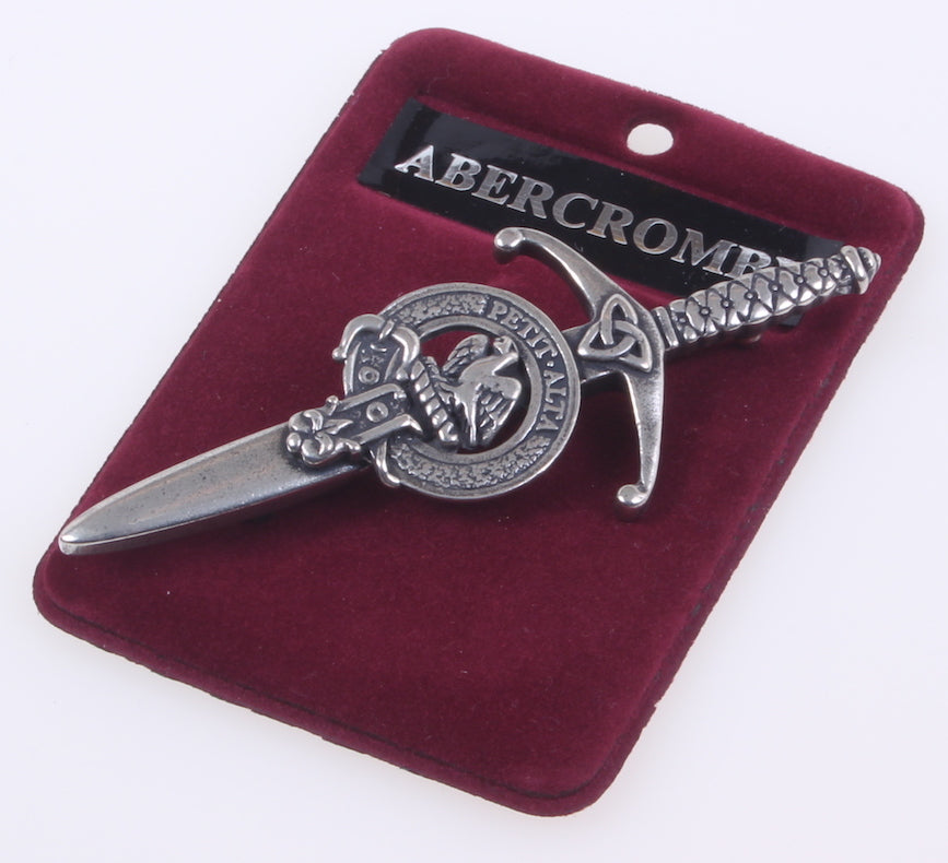 Close-up view of Clan Crest Pewter Kilt Pin with Abercrombie Crest, highlighting the intricate design and quality of Scottish pewter.