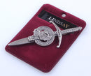 Clan Crest Pewter Kilt Pin with Lindsay Crest featuring an antique palladium finish, showcasing Scottish craftsmanship in traditional pewter.