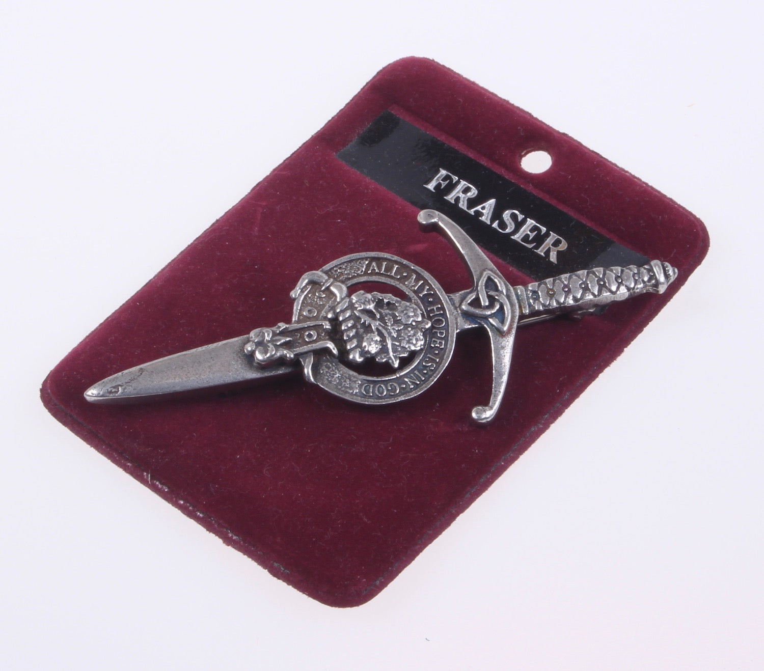 Clan Crest Pewter Kilt Pin featuring the Fraser Crest, beautifully crafted in Scotland with an antique palladium finish.