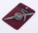 Clan Crest Pewter Kilt Pin featuring the Fraser Crest, beautifully crafted in Scotland with an antique palladium finish.