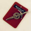 Clan Crest Pewter Kilt Pin with MacLellan Crest featuring an antique palladium finish, perfect for showcasing Scottish heritage.