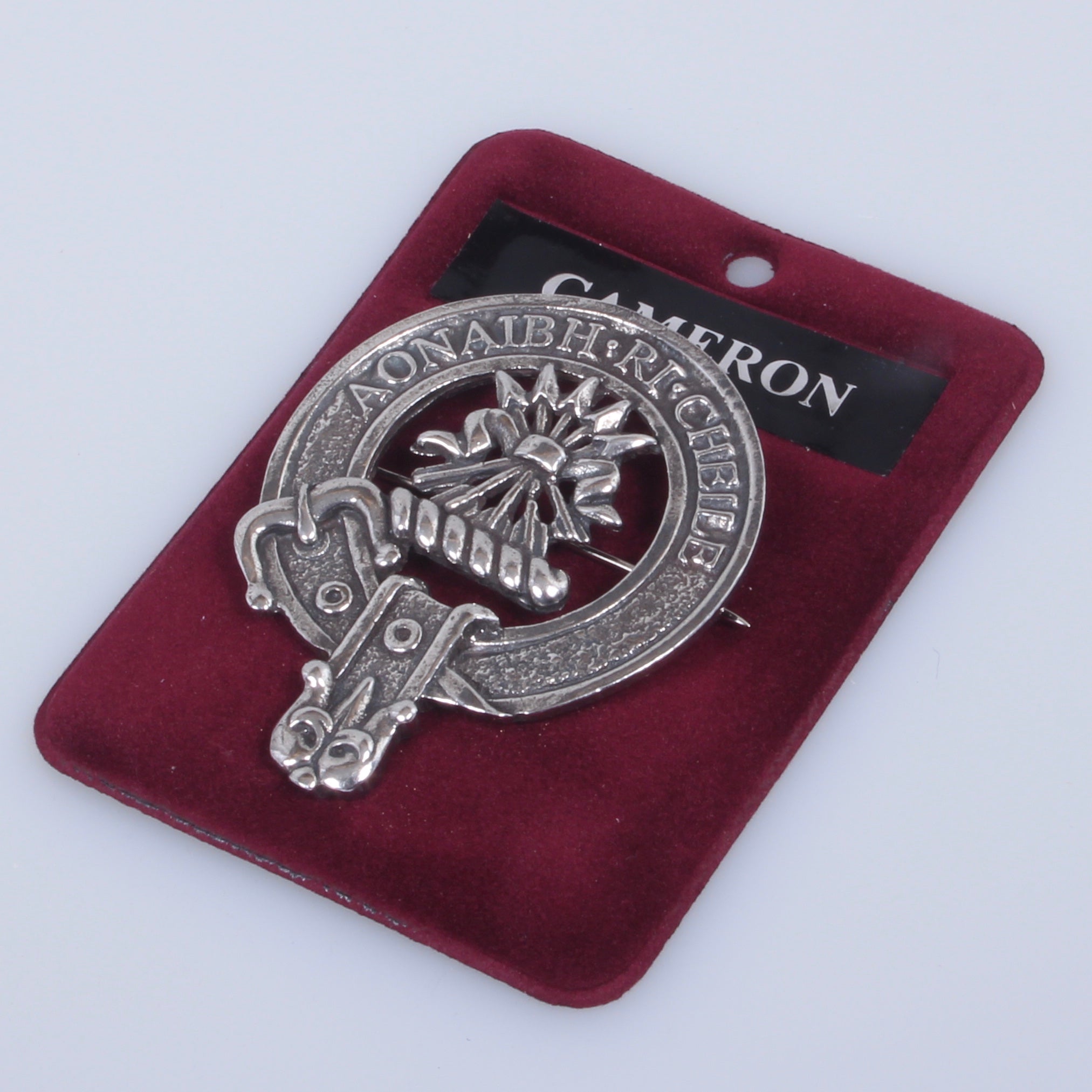Cameron Clan Crest Badge in Pewter - a stylish brooch or cap badge featuring a traditional belted clan design, perfect for everyday wear and clan gatherings.