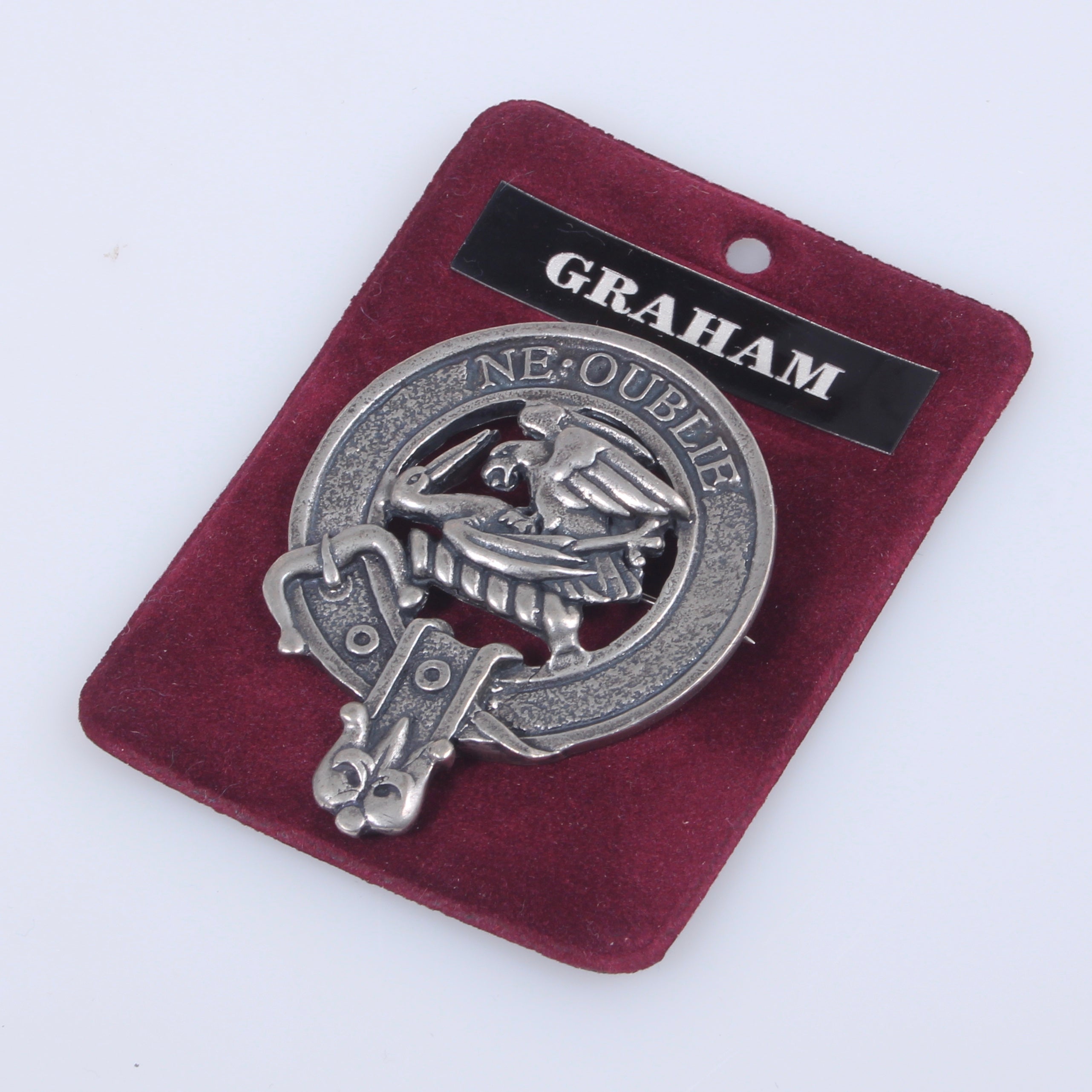 Graham Clan Crest Badge in Pewter, showcasing a detailed design with a traditional belted pattern, perfect for both everyday wear and clan gatherings.