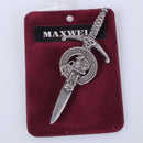Clan Crest Pewter Kilt Pin with Maxwell Crest, showcasing intricate craftsmanship and antique palladium finish. Perfect for adding a traditional Scottish touch to your kilt.