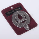 MacArthur Clan Crest Badge in Pewter, featuring a traditional belted design suitable for cap or brooch wear, measuring approximately 2" x 2.5".