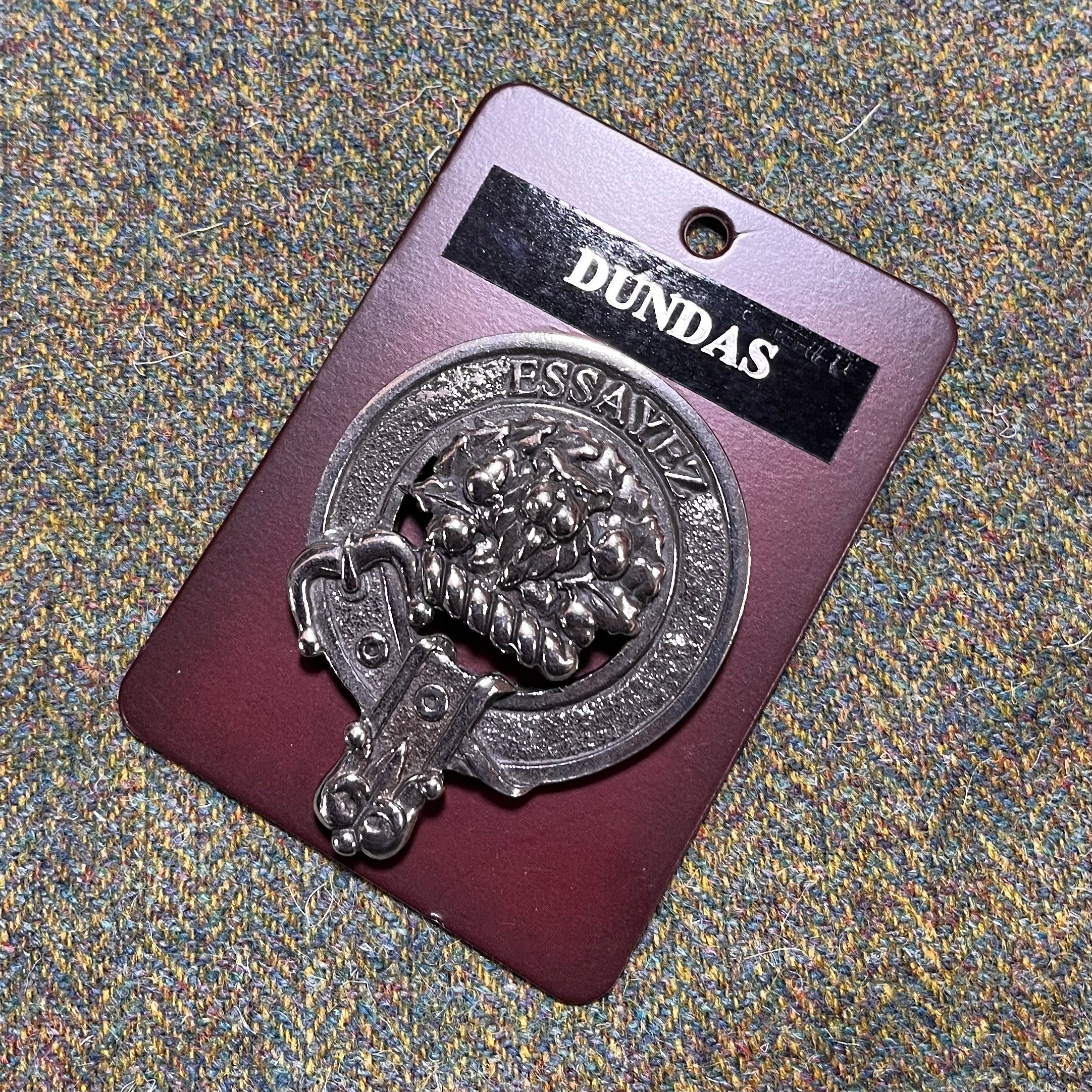 Dundas Clan Crest Badge in Pewter showcasing the traditional design with a belted clansman belt, ideal for everyday wear or clan gatherings.