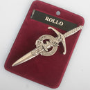 Clan Crest Pewter Kilt Pin with Rollo Crest featuring a detailed broadsword design and antique palladium finish, perfect for Scottish heritage.