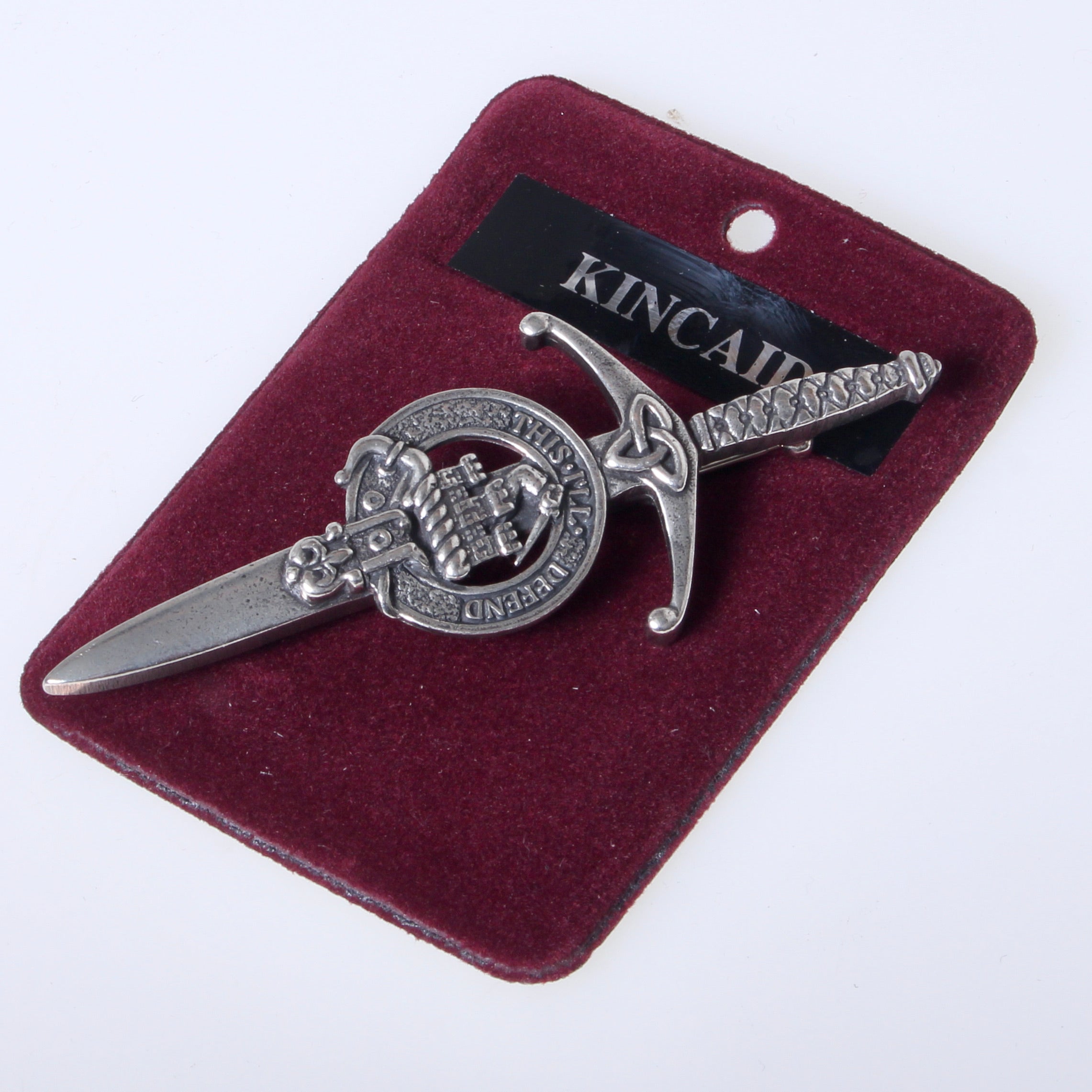 Clan Crest Pewter Kilt Pin with Kincaid Crest, showcasing the elegant broadsword design and antique palladium finish, perfect for Scottish heritage and kilt accessories.