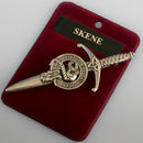 Clan Crest Pewter Kilt Pin with Skene Crest, featuring an antique palladium finish and showcasing the rich Scottish tradition of using pewter in crafting jewelry.