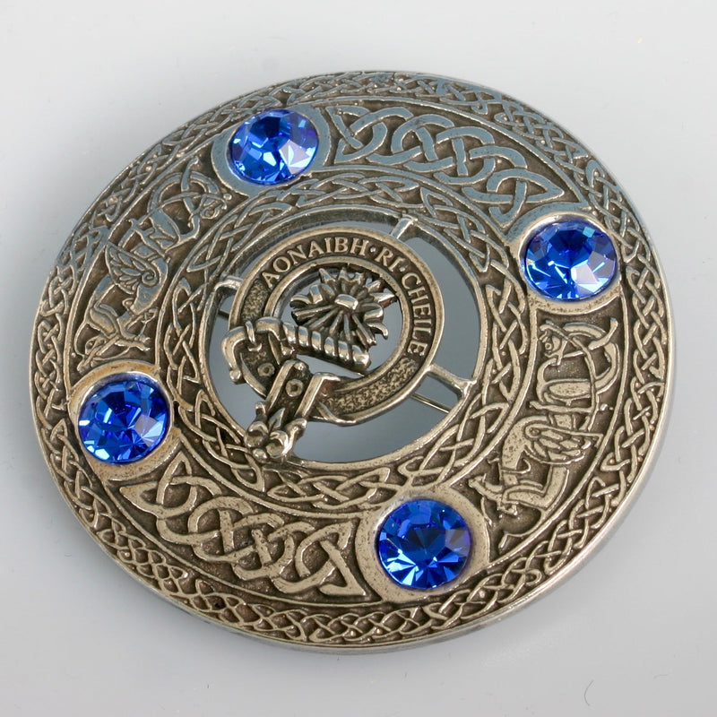 Clan Crest Pewter Plaid Brooch with Sapphire Stone