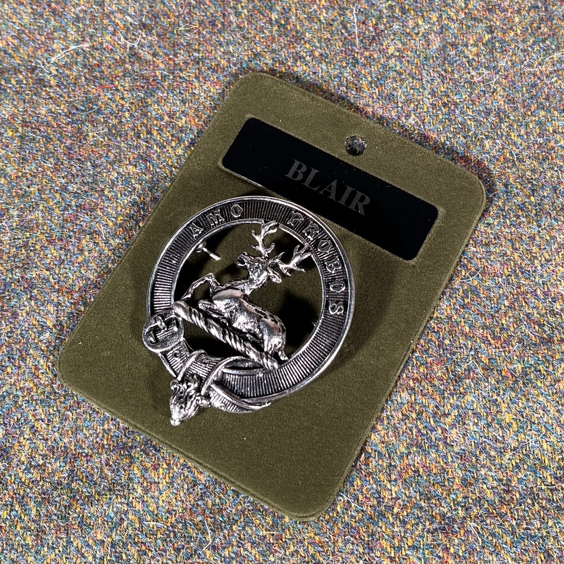Blair Clan Crest Badge in Pewter showcasing traditional Scottish design with a belted motif, perfect for proud clan members.