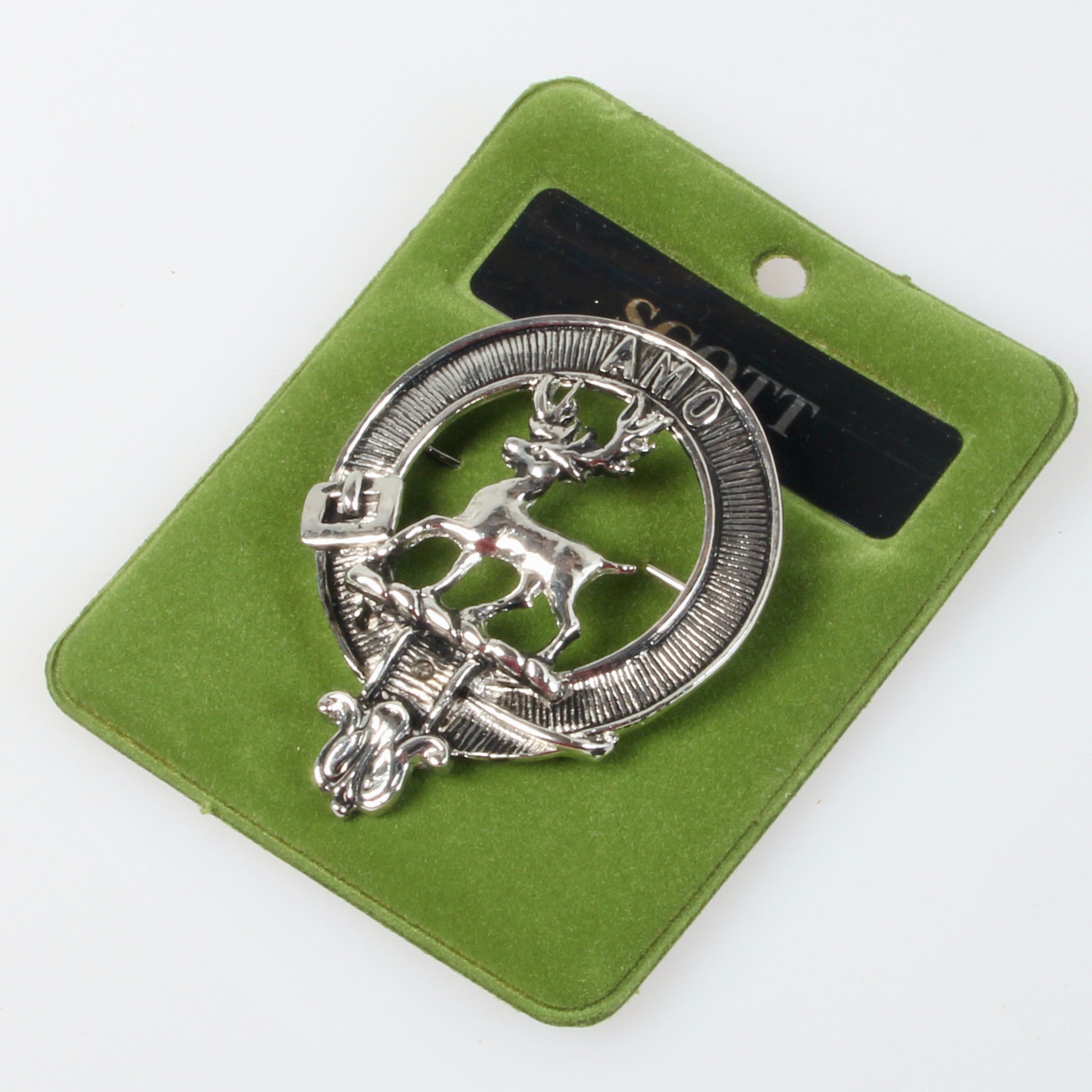 Scott Clan Crest Badge in Pewter showcasing Scottish heritage with a 40mm cap badge design, perfect for clan gatherings and personal display.