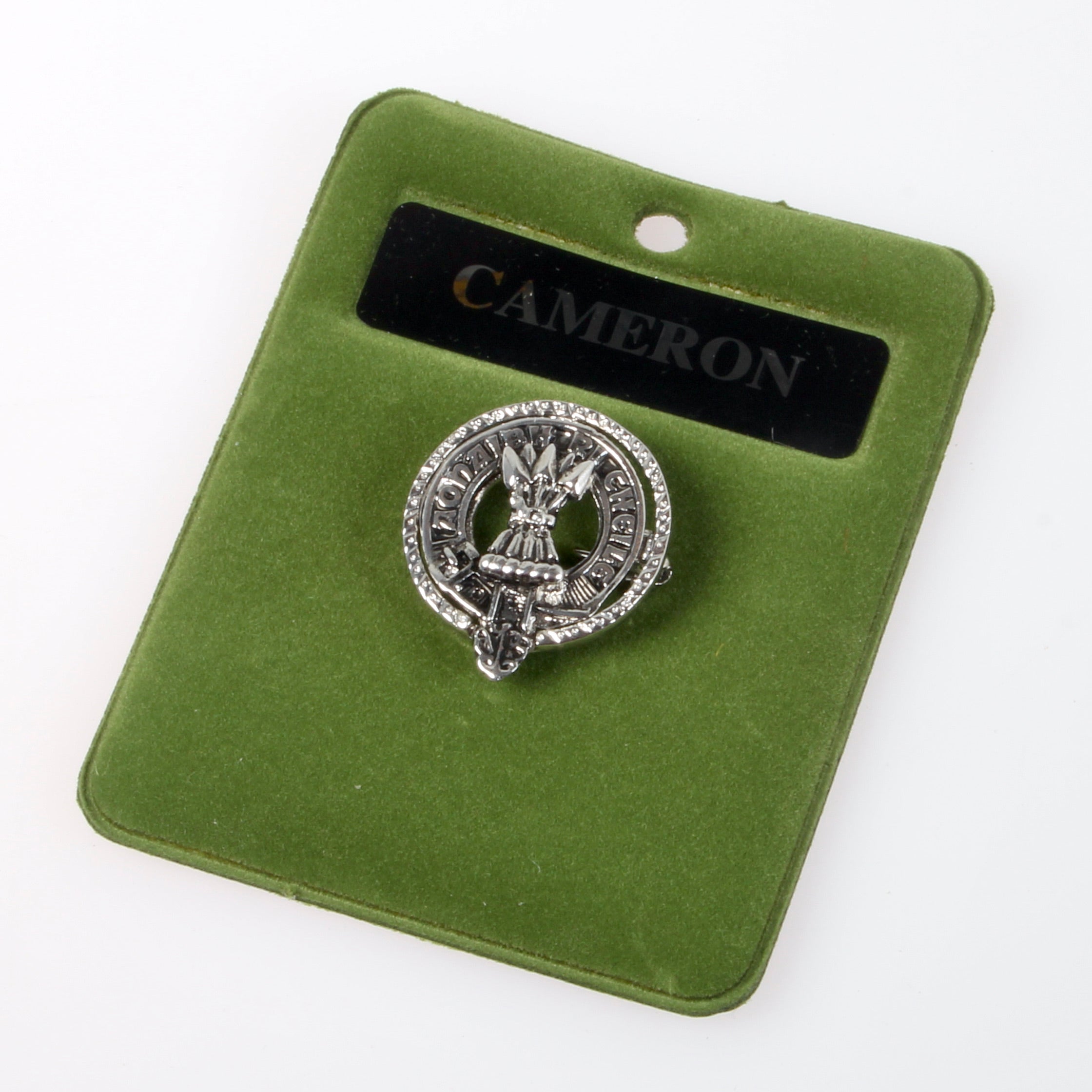 Cameron Clan Crest Small Pewter Pin Badge showcasing Scottish heritage, features antique palladium finish and meticulous craftsmanship, ideal for brooch or lapel wear.