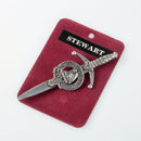 Clan Crest Pewter Kilt Pin with Stewart Crest, handcrafted in Scotland with an antique palladium finish, perfect for showcasing your heritage.