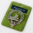 Macaulay Clan Crest Badge in Pewter showcasing a detailed belted clan crest design, perfect for displaying your clan pride as a cap badge or large brooch pin.