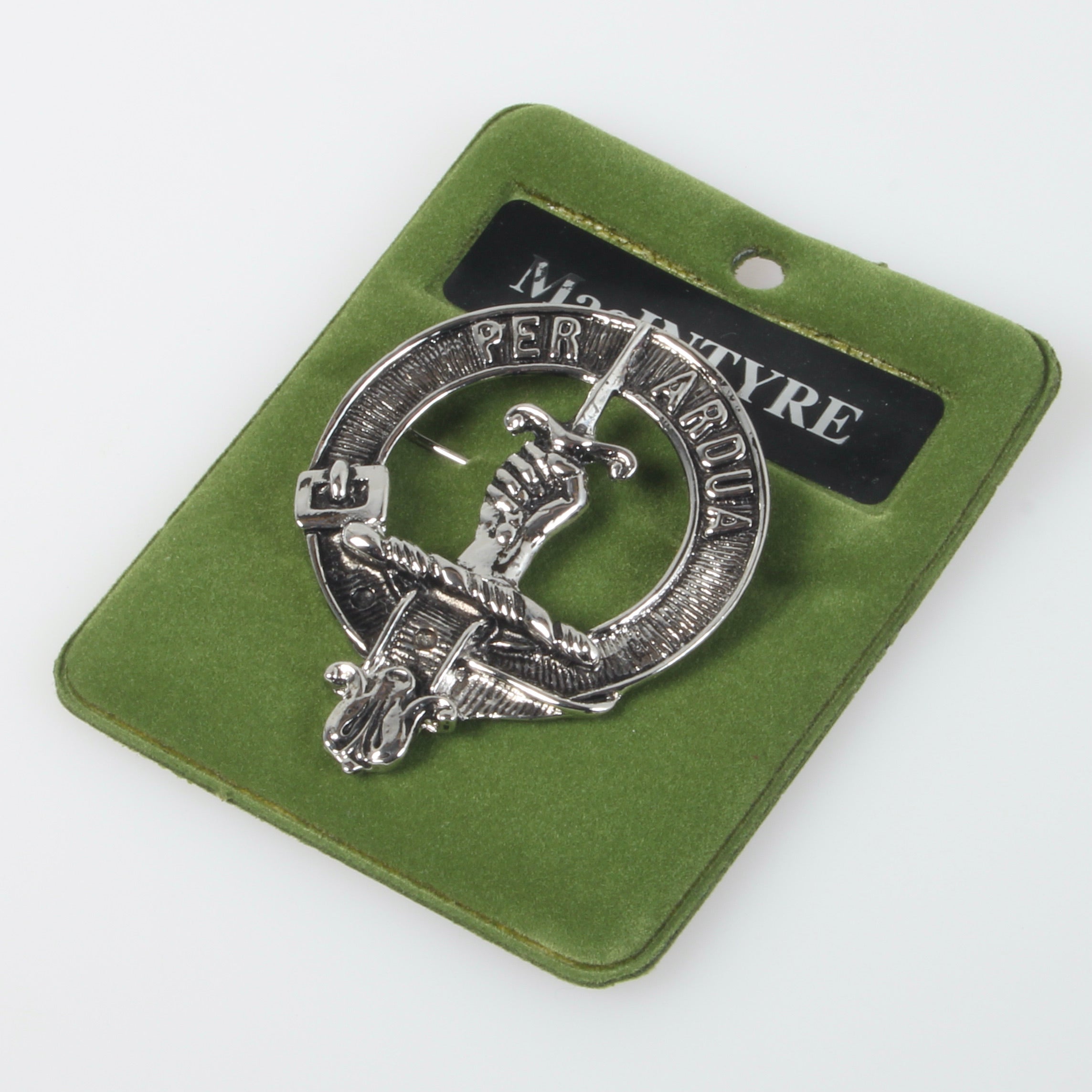 MacIntyre Clan Crest Badge in Pewter showcasing a detailed design, perfect for proud clan members to wear as a cap badge or brooch.
