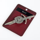 Clan Crest Pewter Kilt Pin with Hay Crest displayed elegantly, showcasing its antique palladium finish and fine craftsmanship, perfect for adding a traditional Scottish touch to any kilt.