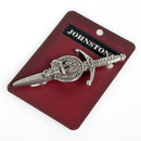 Clan Crest Pewter Kilt Pin featuring the Johnstone Crest, handcrafted in Scotland with antique palladium finish, perfect for showcasing Scottish heritage.