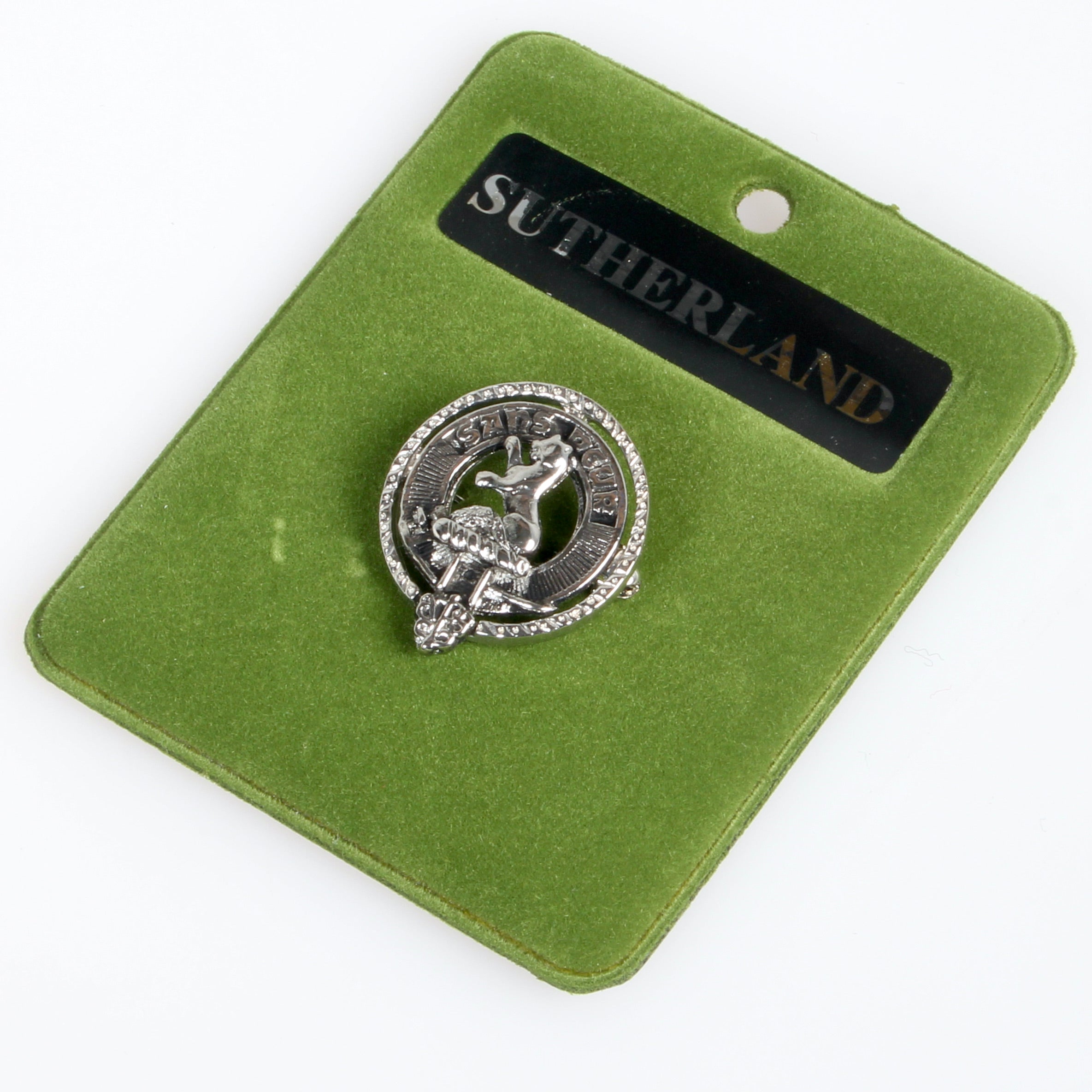 Sutherland Clan Crest Small Pewter Pin Badge showcasing Scottish heritage in elegant design.