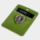Lamont Clan Crest Small Pewter Pin Badge showcasing Scottish heritage, made of high-quality pewter with an antique palladium finish, ideal accessory for adding flair to your outfit.