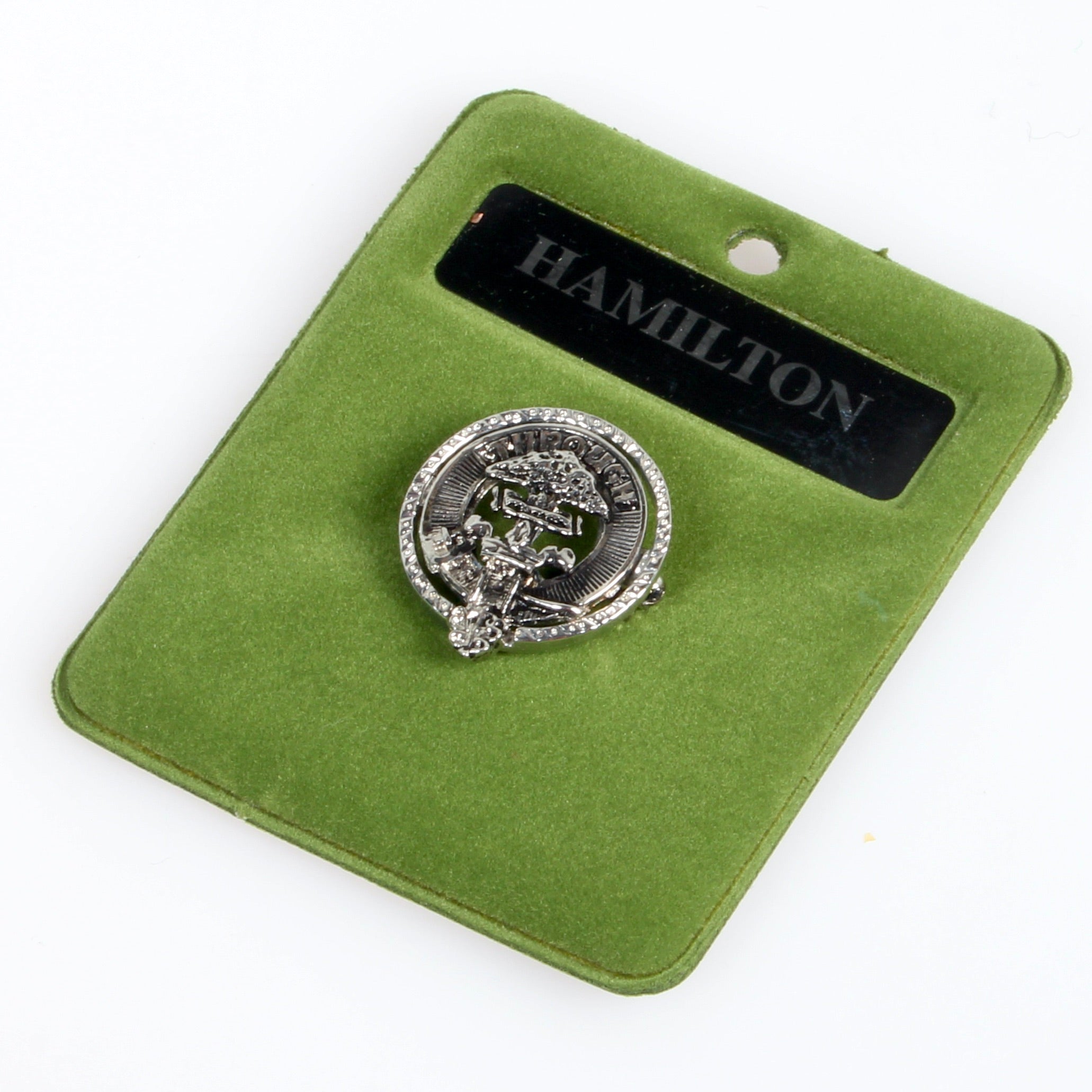 Hamilton Clan Crest Small Pewter Pin Badge showcasing Scottish heritage, perfect for wearing as a brooch or lapel pin.