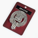 Irvine Clan Crest Badge in Pewter, a stylish brooch pin featuring a beautifully detailed clan crest design, perfect for clan gatherings or everyday wear.