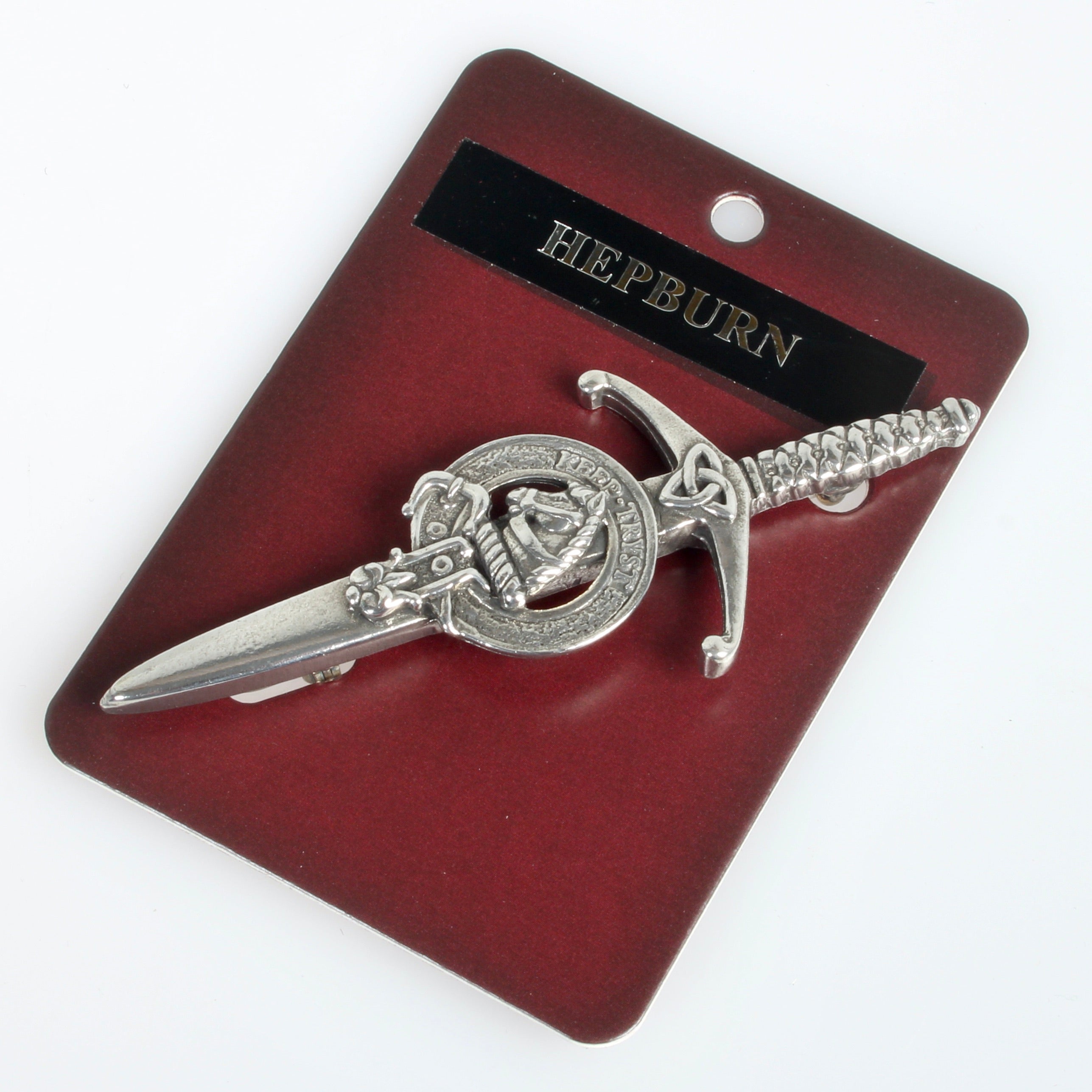 Clan Crest Pewter Kilt Pin with Hepburn Crest featuring antique palladium finish, perfect for Scottish heritage enthusiasts.