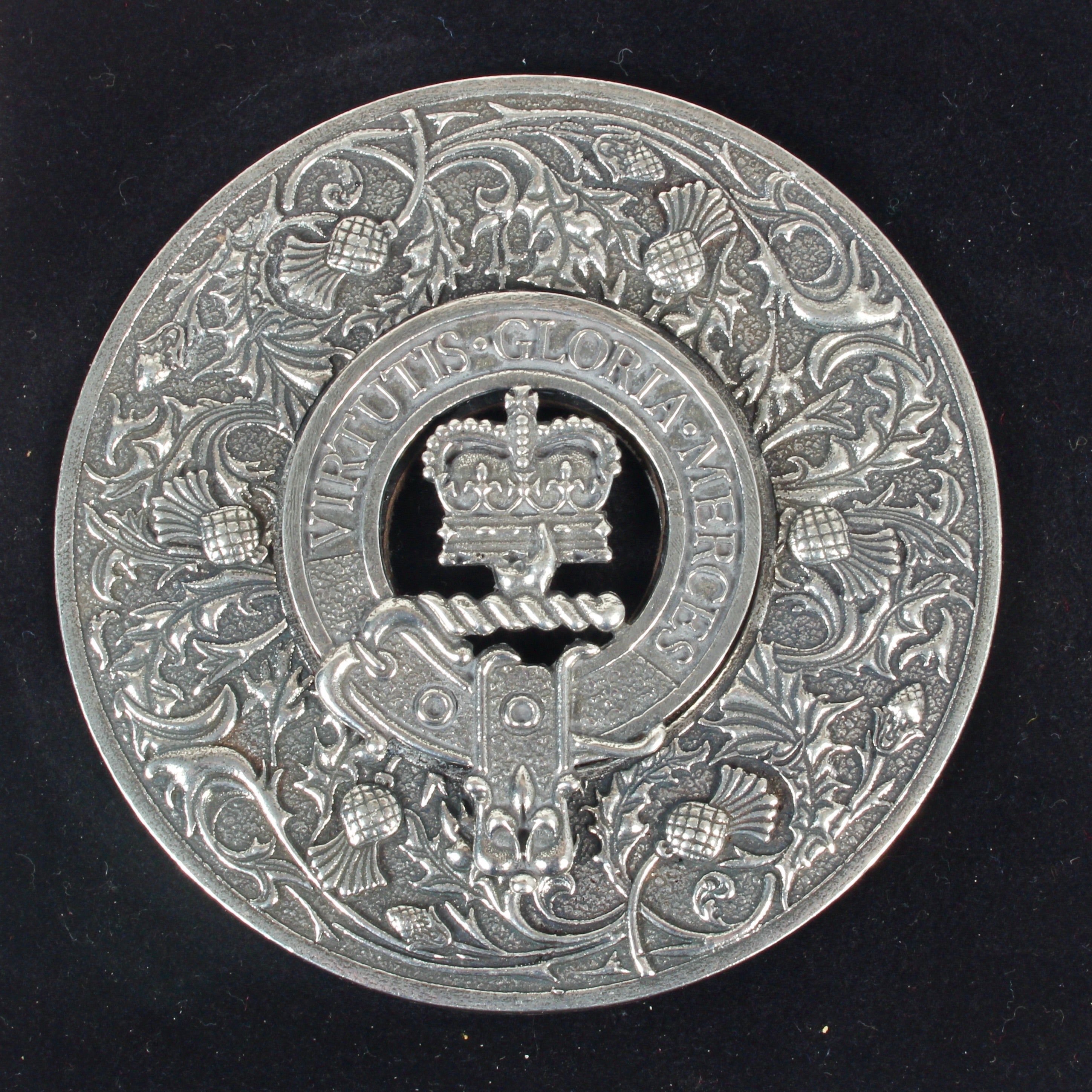 Caledonia Thistle Clan Crest Plaid Brooch showcasing intricate thistle design, perfect for securing plaids to jackets or shawls.