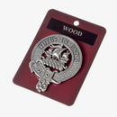 Wood Clan Crest Badge in Pewter showcasing detailed belted clan design and traditional locking safety pin.