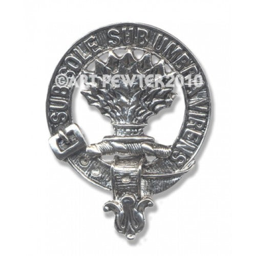 Irvine Clan Crest Badge in Pewter showcasing the intricate design and traditional belted motif, perfect for representing Scottish heritage.