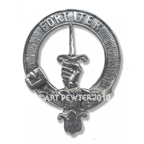 MacAlister Clan Crest Small Pewter Pin Badge, an elegant accessory showcasing Scottish heritage, crafted from high-quality pewter with antique palladium finish.