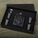 MacAlister Clan Crest engraved 6oz Matt Black Hip Flask Gift Set with Cups and Funnel