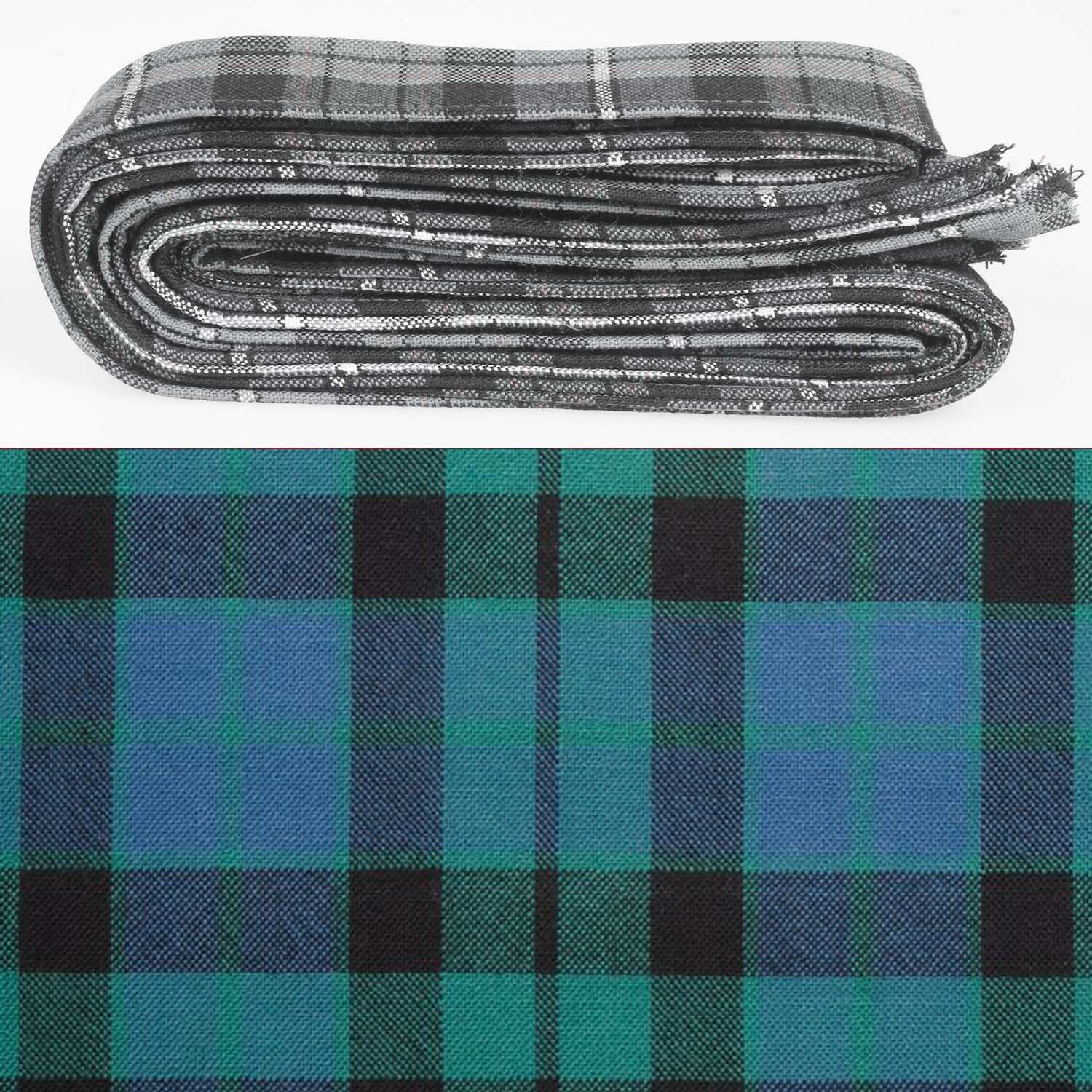 Wool Strip Ribbon in MacKay Ancient Tartan, showcasing fine weight wool tartan with raw ends, perfect for weddings and events