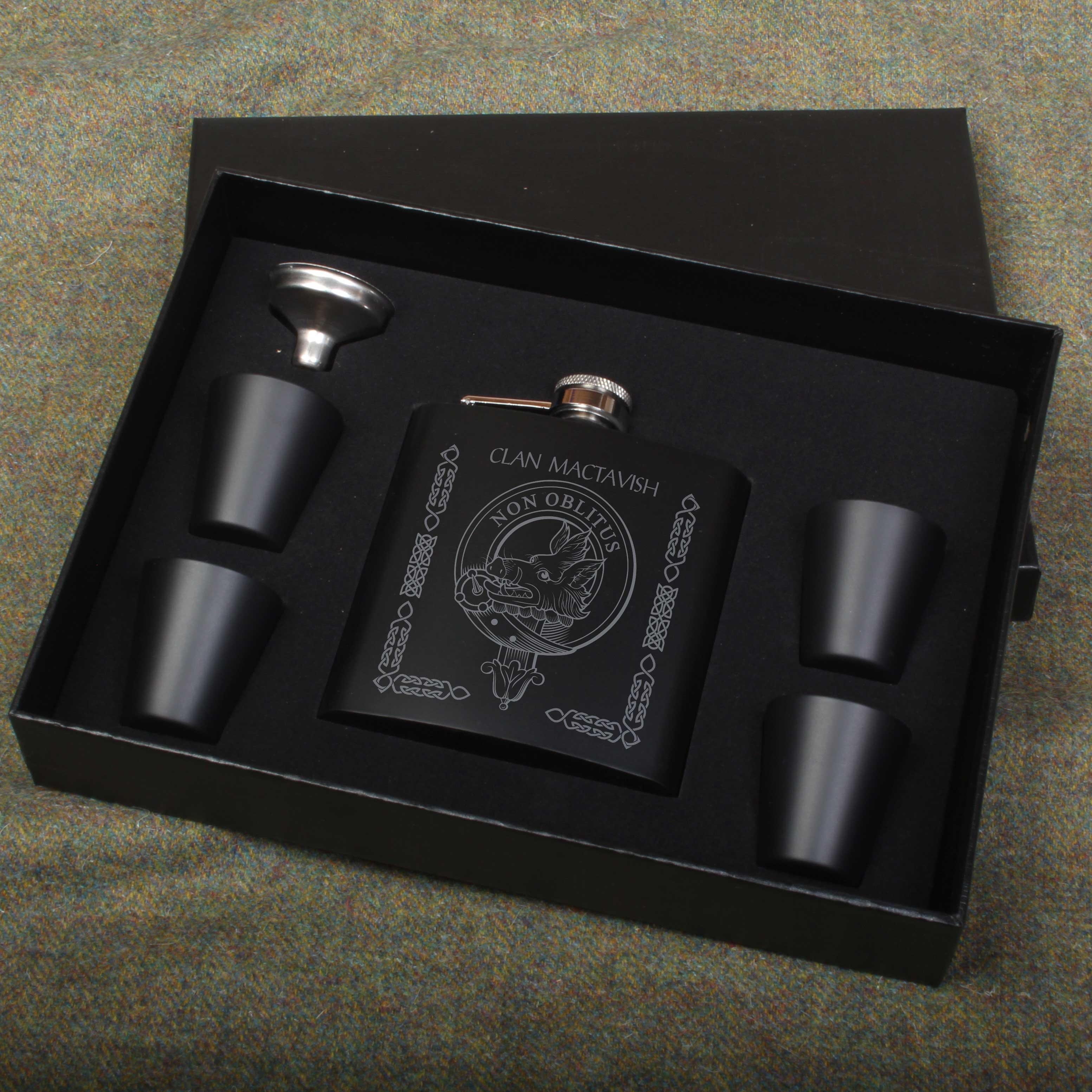 MacTavish Clan Crest engraved 6oz Matt Black Hip Flask Gift Set with Cups and Funnel