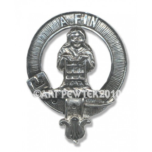 Close-up of the Ogilvie Clan Crest Badge in Pewter highlighting the belted design and high-quality palladium coating for a stylish accessory.